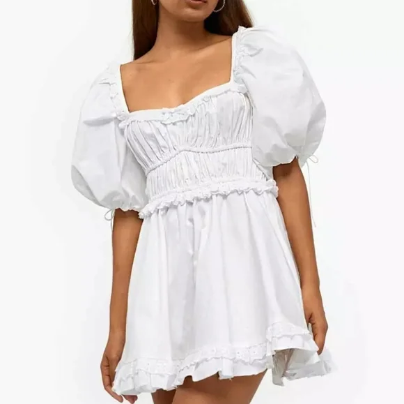 White Puff Sleeve Square Neck Dress with Lace and Ruffle Detail - Picture 4 of 16